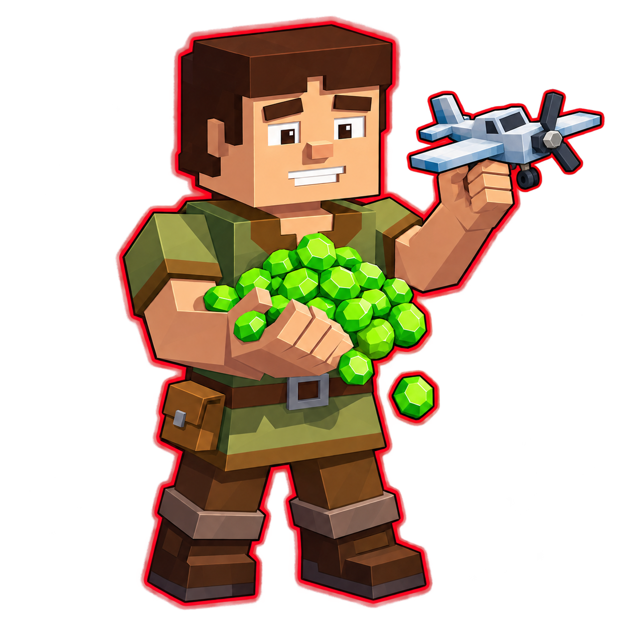 Personaje con gemas verdes, aura roja y avioneta